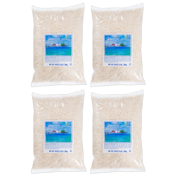 Four clear bags of Trader Joes Jasmine Rice from Thailand, 3lbs each, are arranged in a 2x2 grid on a white background. The 4-pack features blue labels and highlights the product’s Thai origin and Trader Joe’s branding.